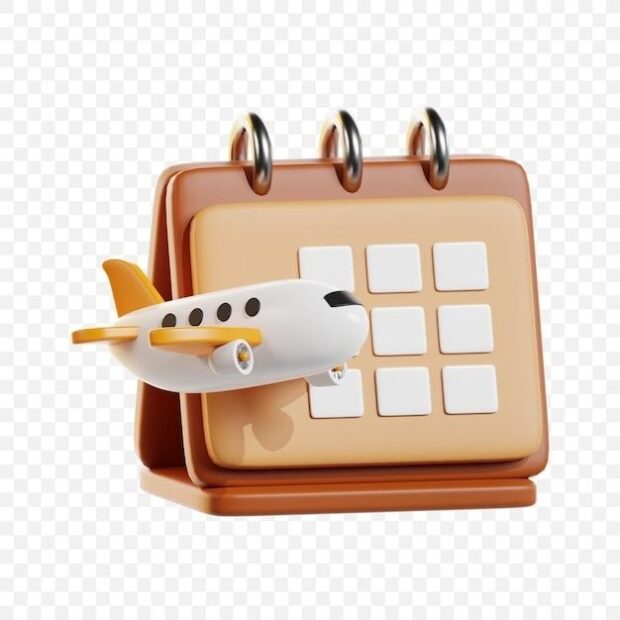 Illustration av ett flygplan framför en kalender för reseplanering